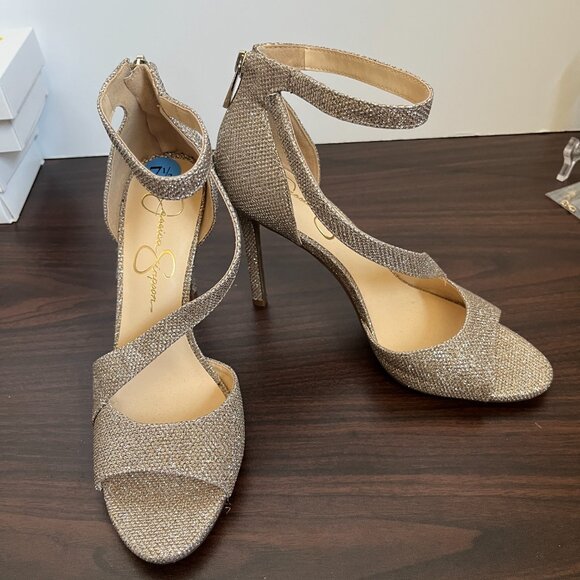 Jessica Simpson Jesimae Gold Shimmer Heels Open Toe Stilettos Evening Size 7.5 - Picture 1 of 9